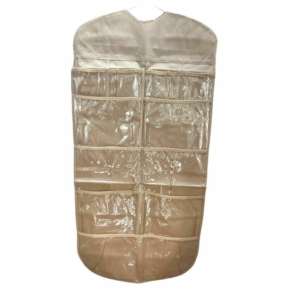 Hanging Beige Garment Protector With Clear Pockets 36 Inches Long